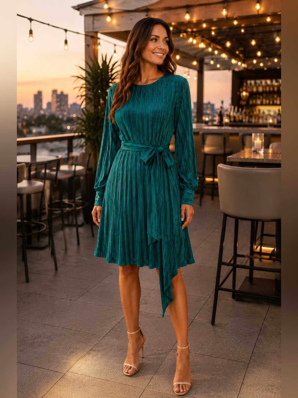 Dress Forum Emerald Green Pleated Long Sleeve Belted Mini Dress Small NWOT Party